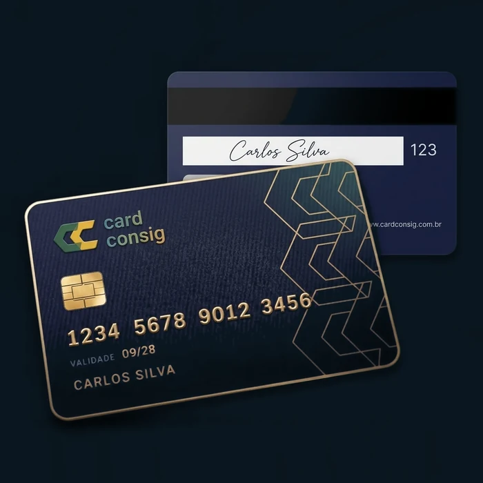 Tarjeta CardConsig azul marino con detalles dorados, anverso y reverso